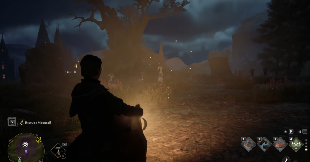 Wizard riding broom at night near Hogwarts castle