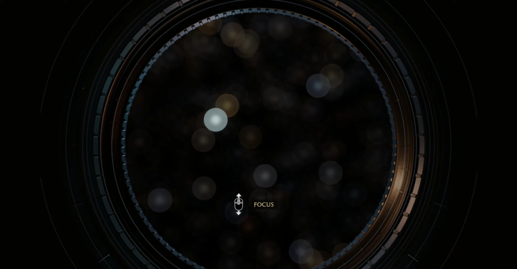 Camera lens focusing interface with circular rings on black background