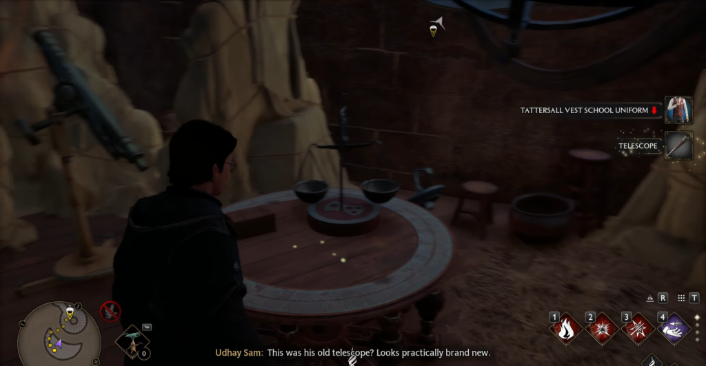 Player character examines telescope on table in cave