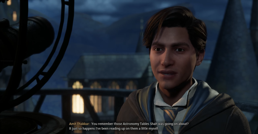 Amit Thakkar talks on Hogwarts Legacy balcony at night