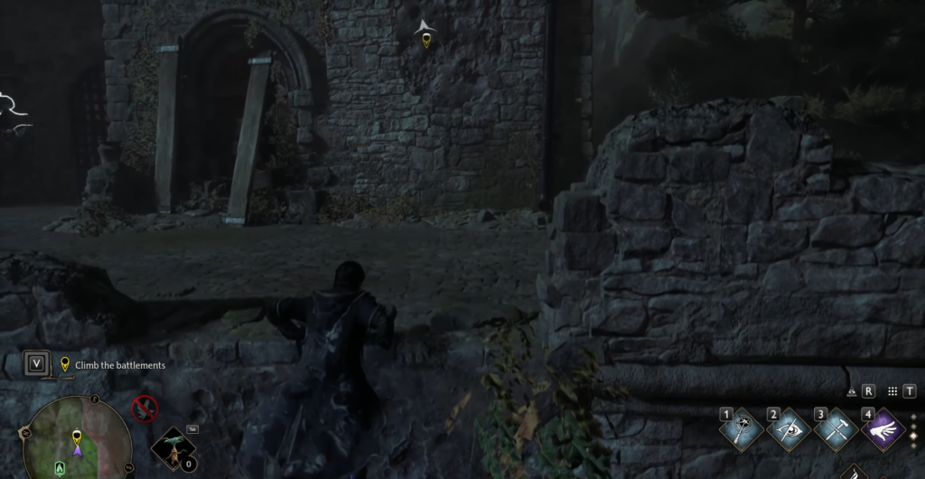 Hogwarts Legacy wizard climbs stone battlements at ruined castle