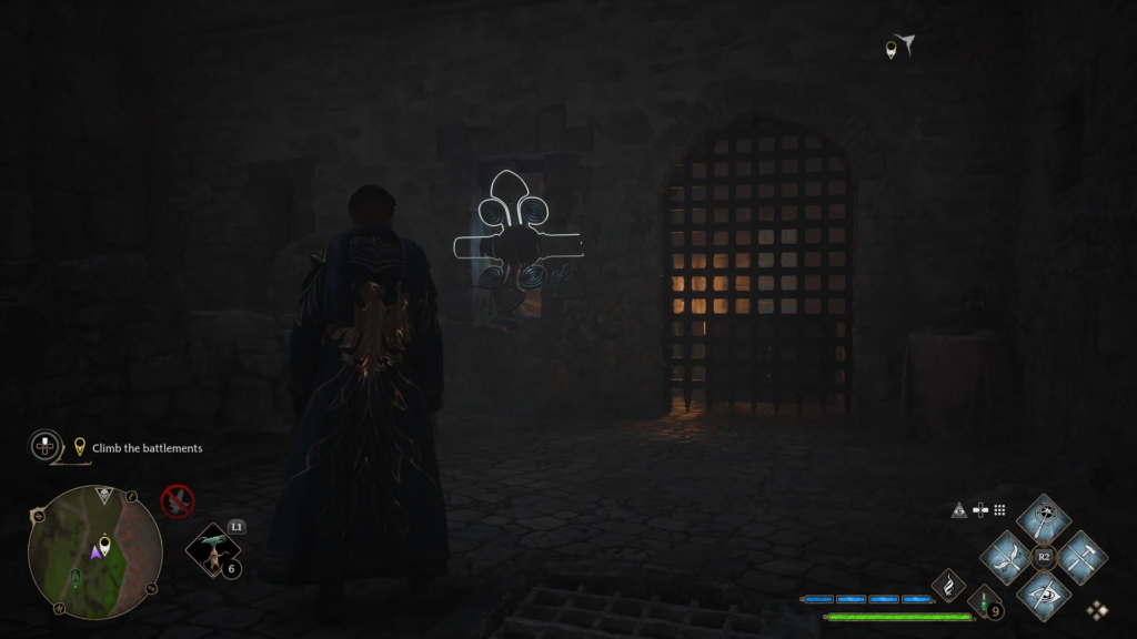 Hogwarts Legacy wizard stands in dark stone corridor