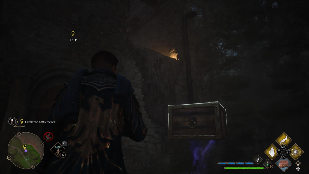 Hogwarts Legacy wizard approaches glowing chest in stone corridor