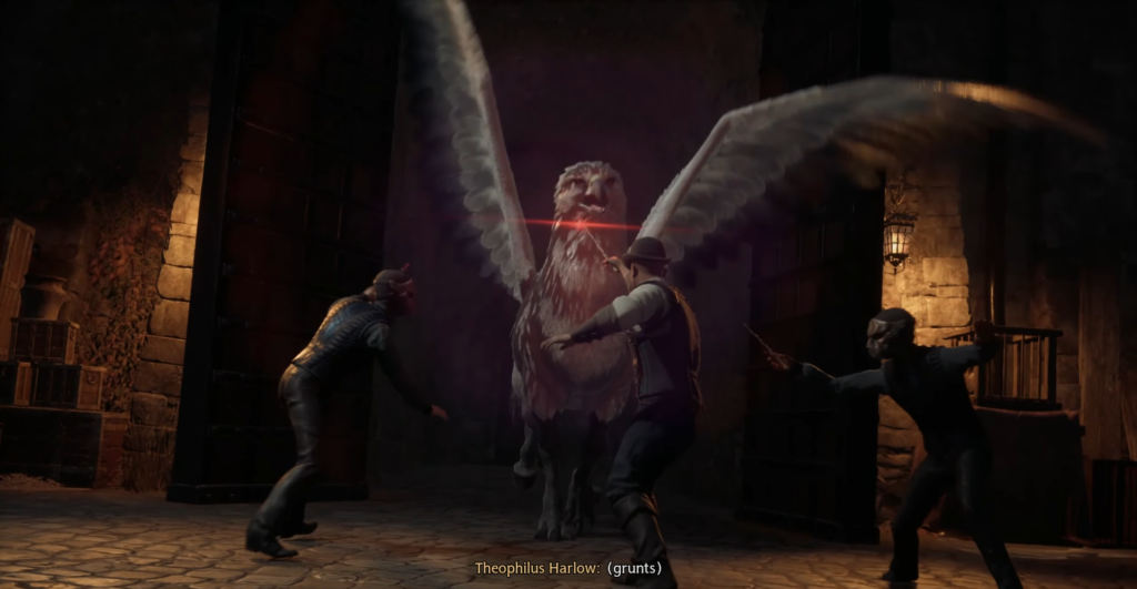 Three wizards fight hippogriff in stone courtyard at night