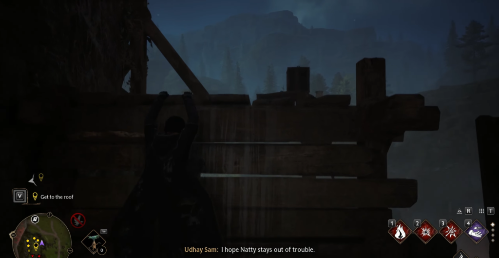 Silhouetted figure climbs wooden wall at night mountains