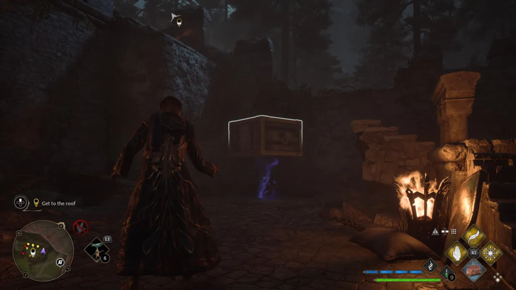 Wizard aiming spell at floating chest in ruins