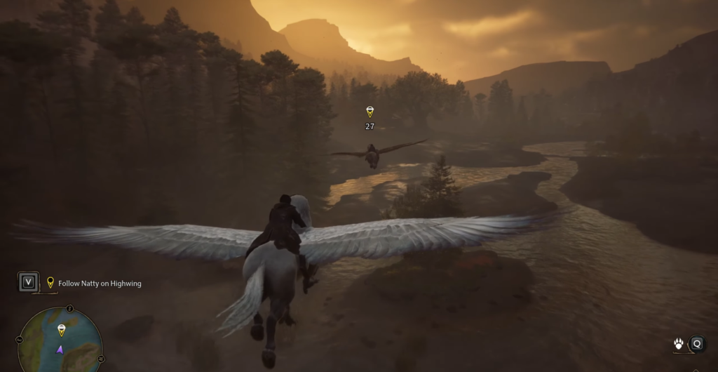 Rider flies white hippogriff over river valley at sunset