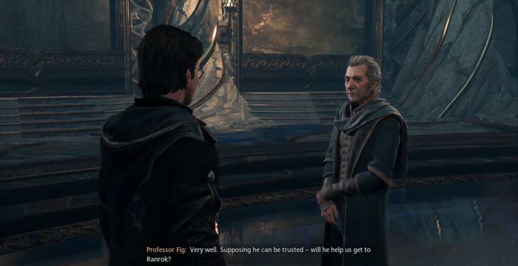 Professor Fig talks to student in Hogwarts Legacy hall