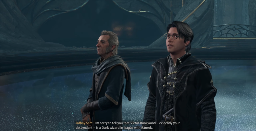 Two men talk in Hogwarts Legacy hall