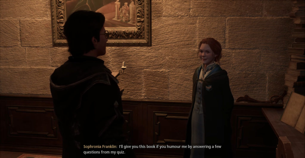 Sophronia Franklin talks to student in Hogwarts hallway