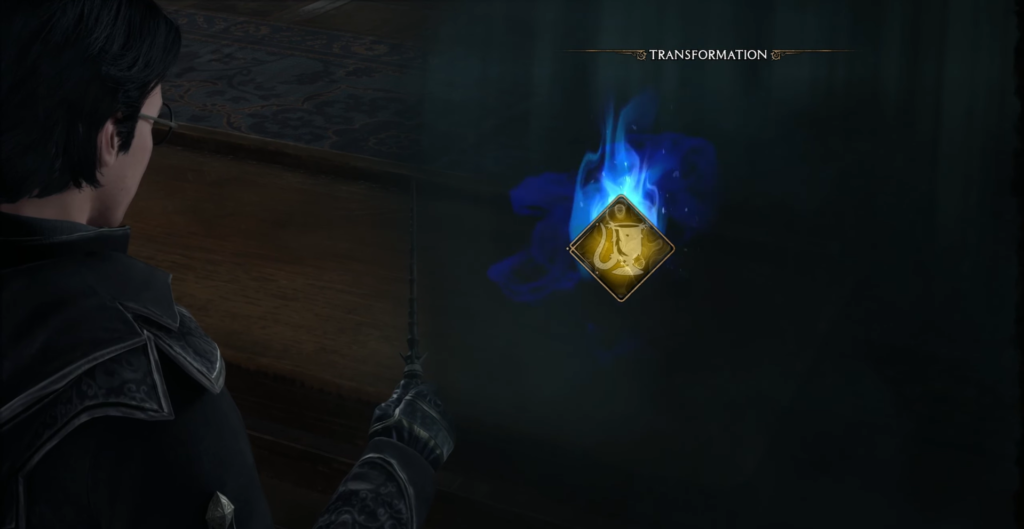 Hogwarts Legacy wizard casts Transformation spell with blue icon
