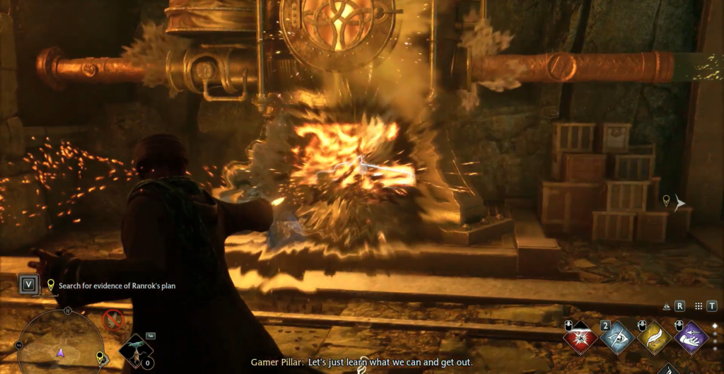 Hogwarts Legacy wizard casts spell at fiery machine indoors