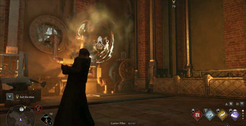 Wizard casting spell inside industrial brick building in Hogwarts Legacy