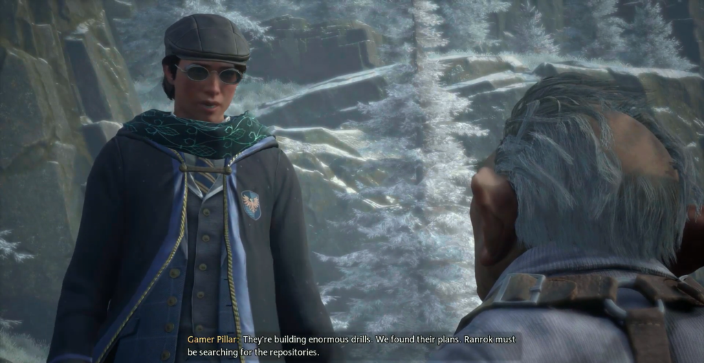 Hogwarts Legacy student talks to goblin in snowy mountains