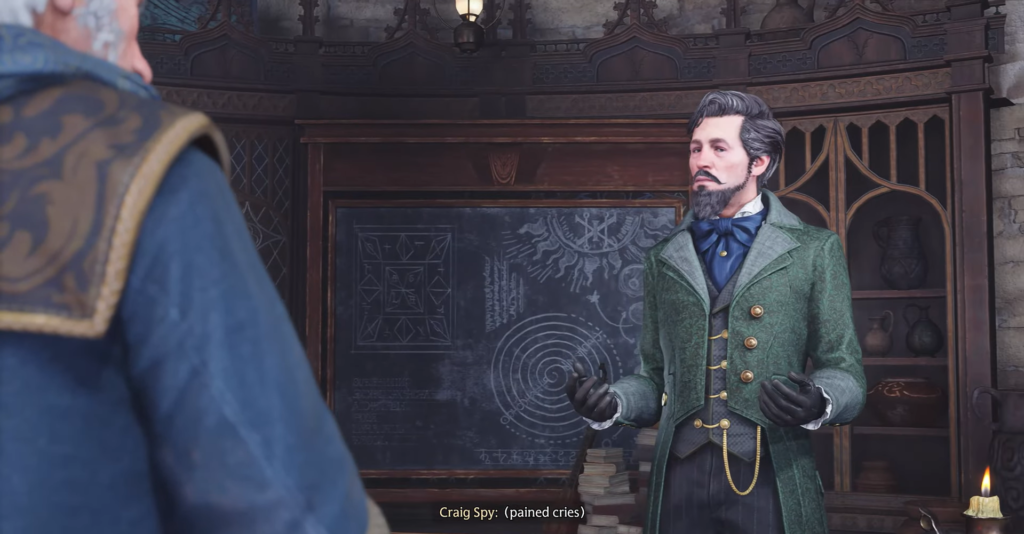 Professor gestures beside chalkboard in classroom