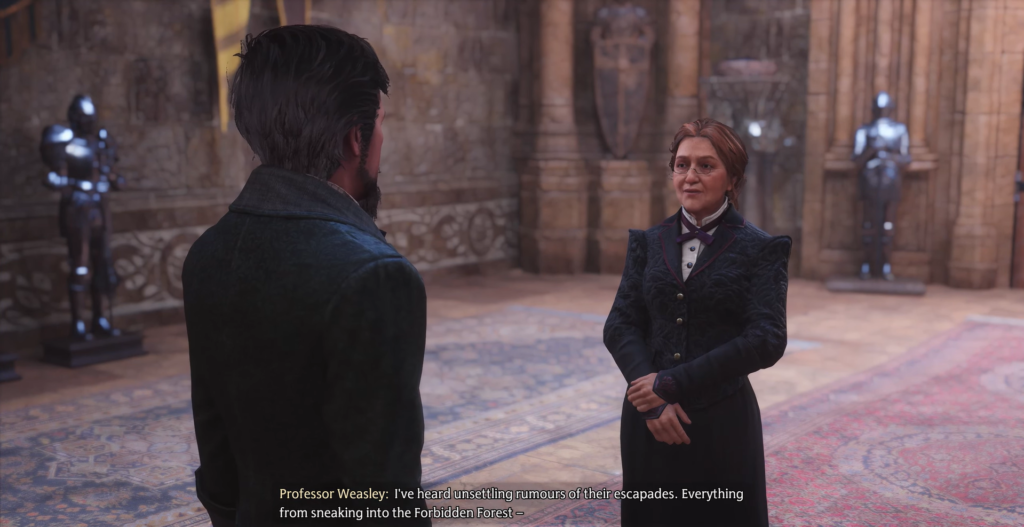 Professor Weasley talks to student in Hogwarts Legacy hall