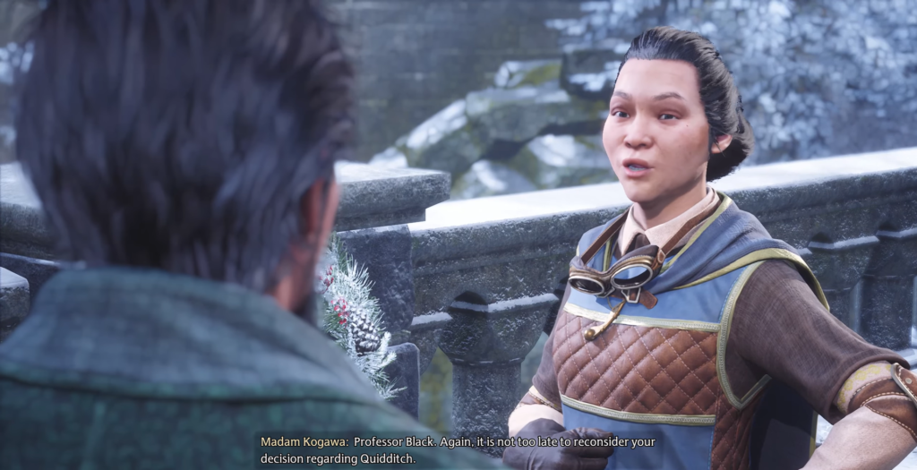 Madam Kogawa talks on snowy balcony in Hogwarts Legacy