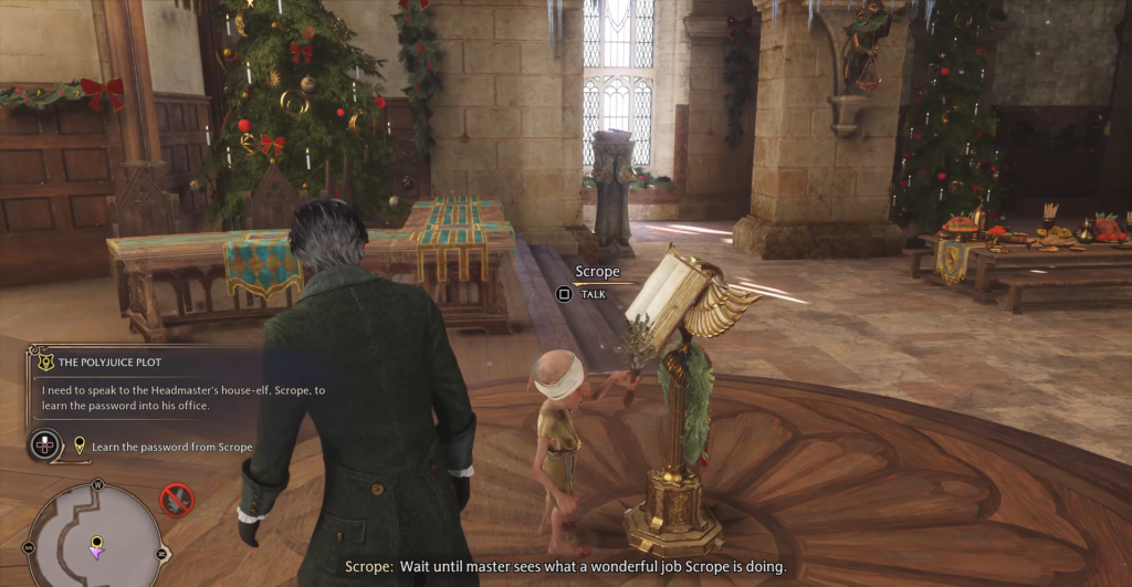 Player character talks to Scrope in Hogwarts Legacy hall