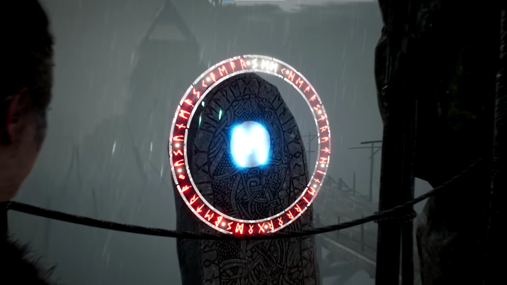 Светящийся рунический портал на камне под дождем