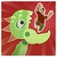 Green cartoon dragon waving on red background