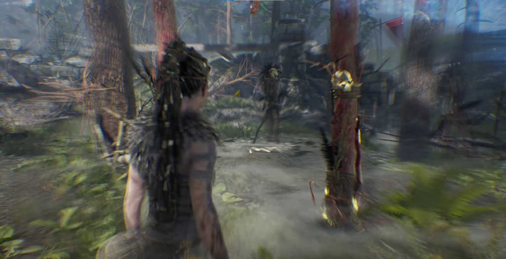 Senua faces enemy in forest clearing, Hellblade: Senua's Sacrifice