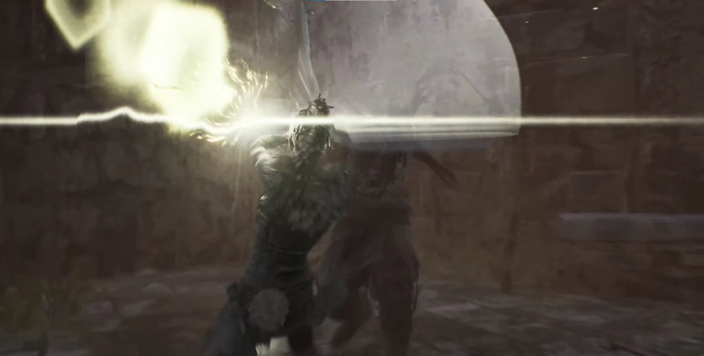 Warrior firing bright beam in rocky cave