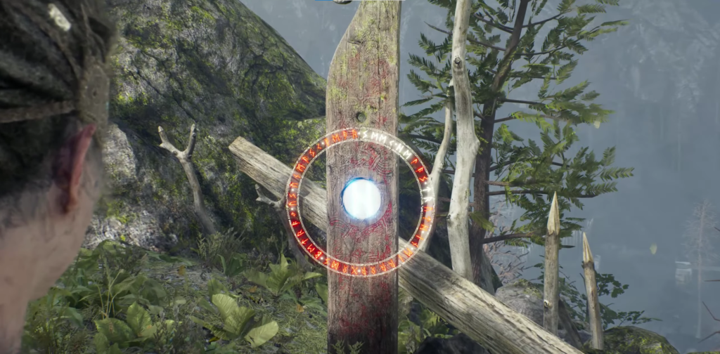 Person aims at glowing rune circle on wooden post