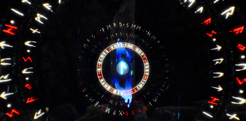 Glowing blue portal with runes in dark cave