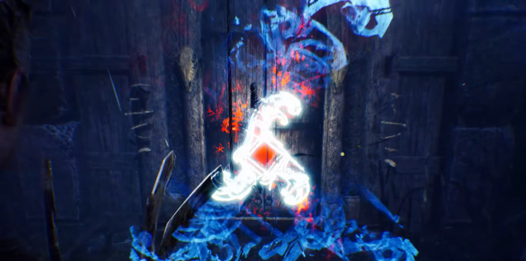 Glowing white figure crouching in dark blue ruins