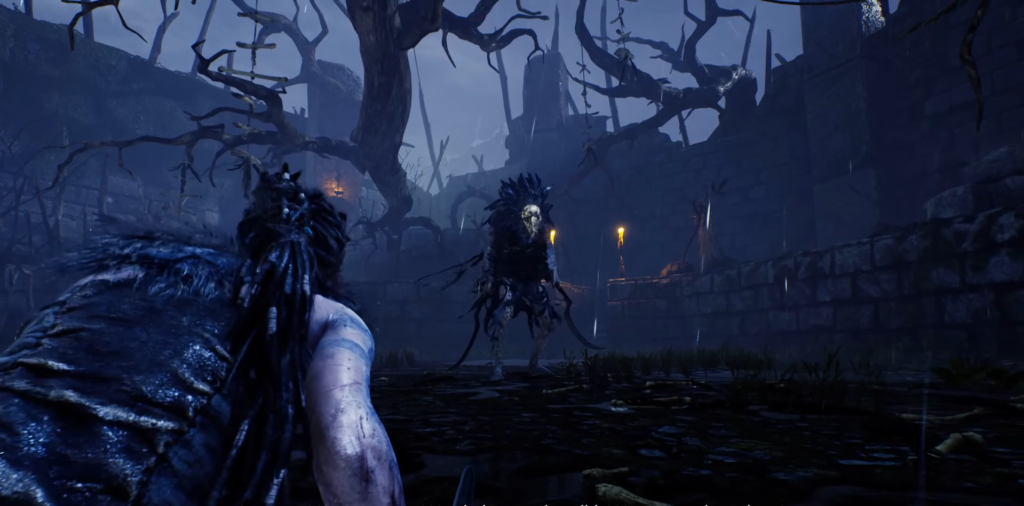 Senua faces monster in dark swamp ruins
