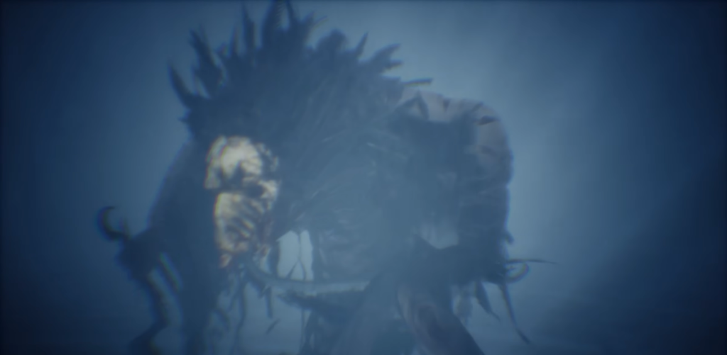 Dark creature crouching in blue foggy setting