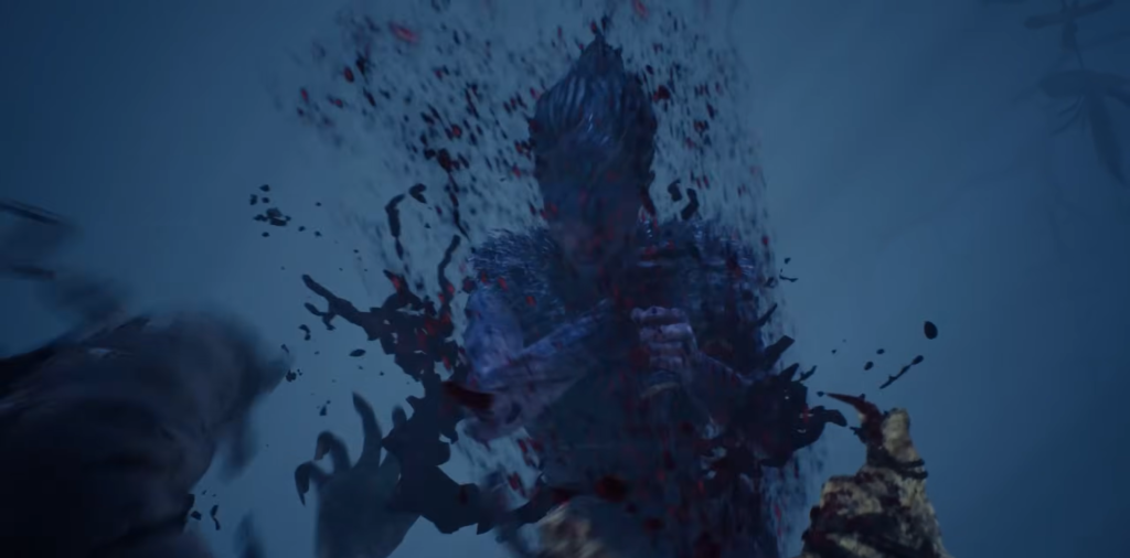 Warrior being struck amid blood splatter in battle