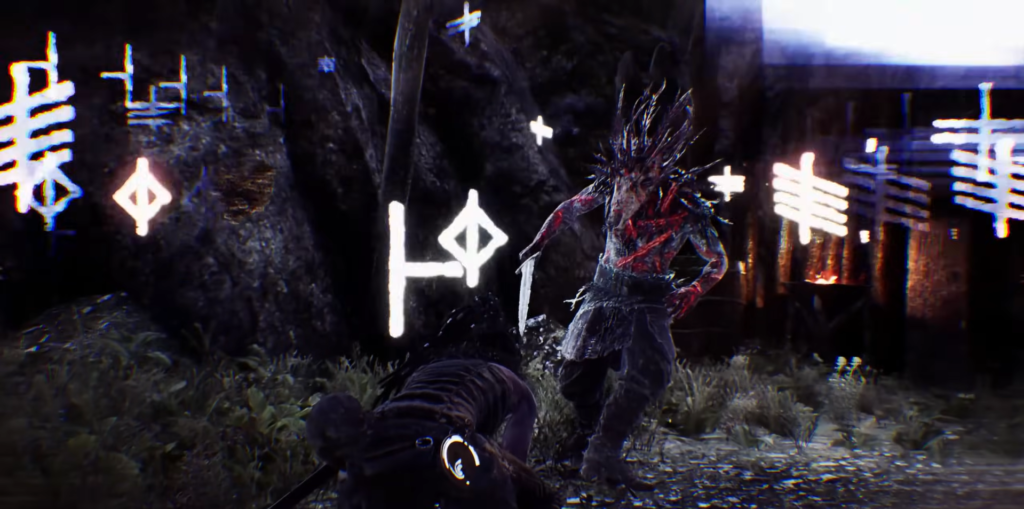 Warrior fights spiked monster near glowing runes outdoors