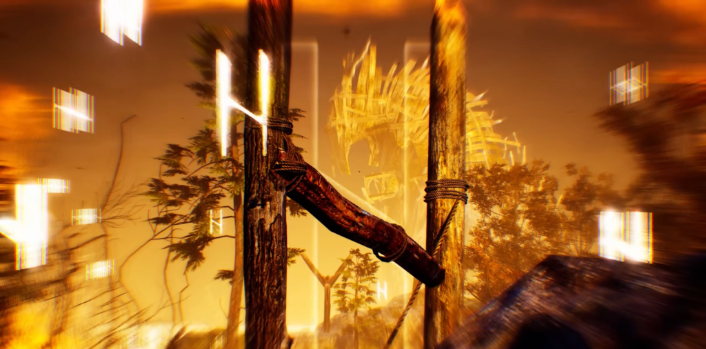 Severed arm tied between wooden posts at sunset