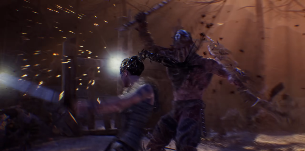 Warrior fights monster with sword in dusty arena