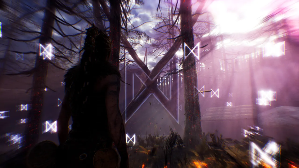 Silhouetted warrior stands in forest with glowing runes