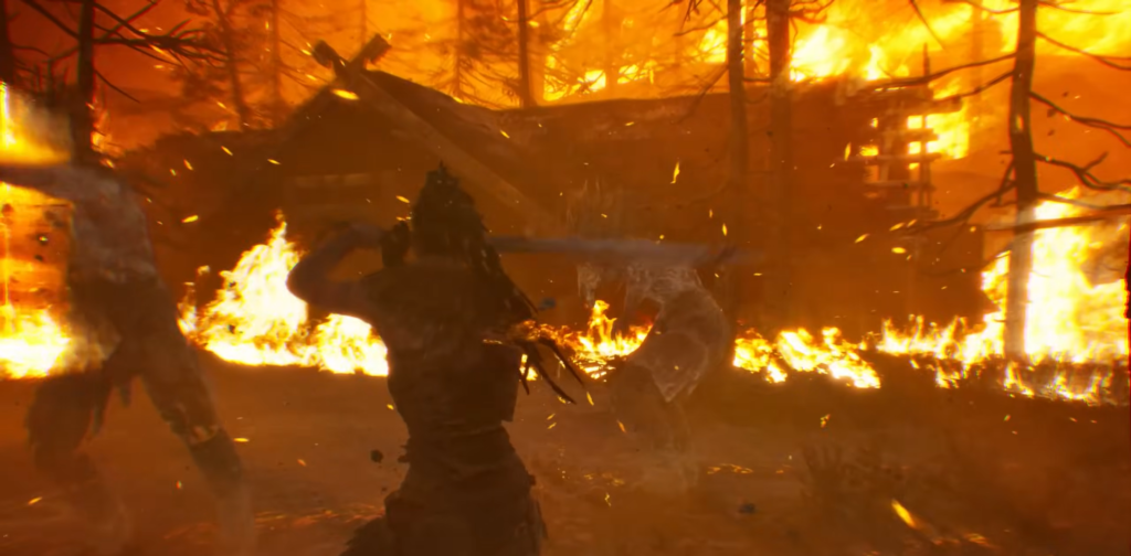 Warrior swings sword amid orange flames in forest