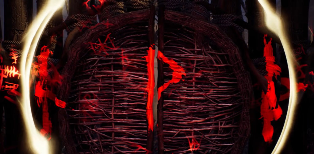 Red rune glowing on woven wooden door