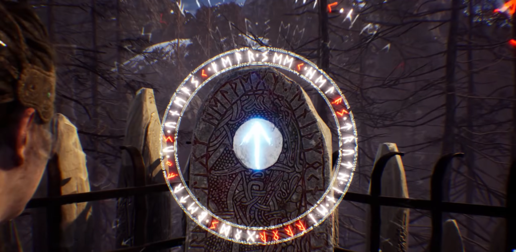 Glowing rune portal hovering over stone in forest