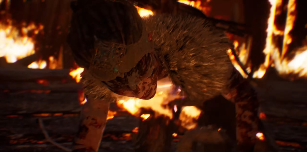 Injured warrior crawling amid flames in burning ruins