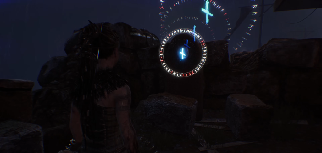 Woman stands near glowing rune circle among rocks