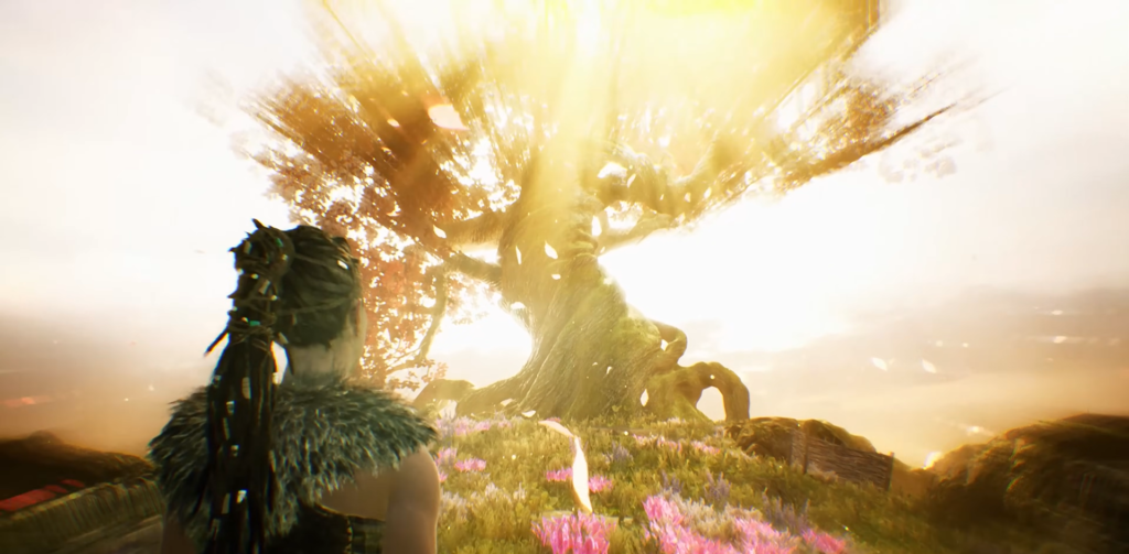 Сенуа из Hellblade смотрит на светящееся дерево в поле