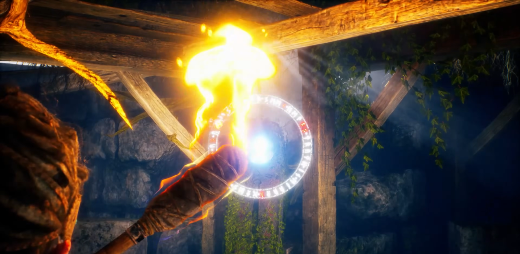 Glowing torch illuminates magic portal inside wooden cave