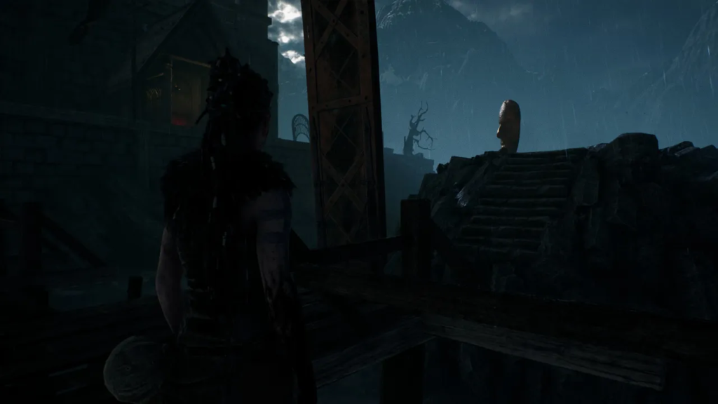 Silhouetted warrior stands in rainy ruins near stone steps