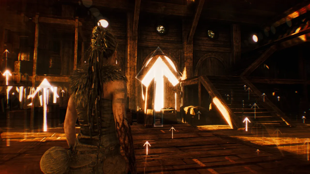 Senua stands in wooden hall with glowing arrows