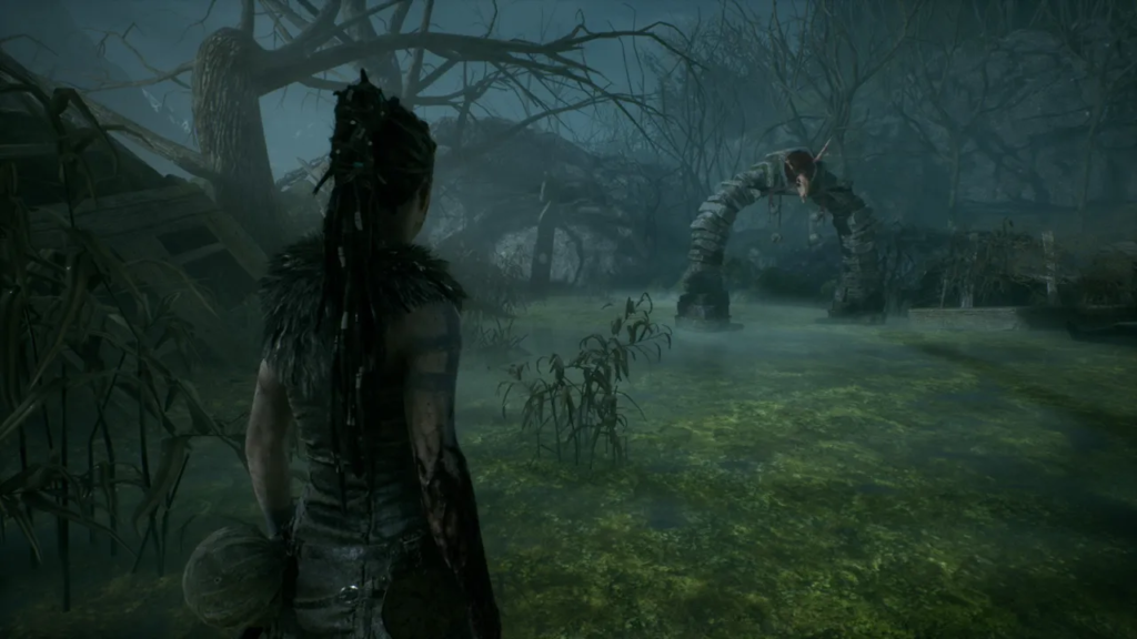 Senua faces monster in green swamp, Hellblade: Senua's Sacrifice