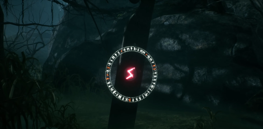 Glowing red rune circle on tree in dark forest