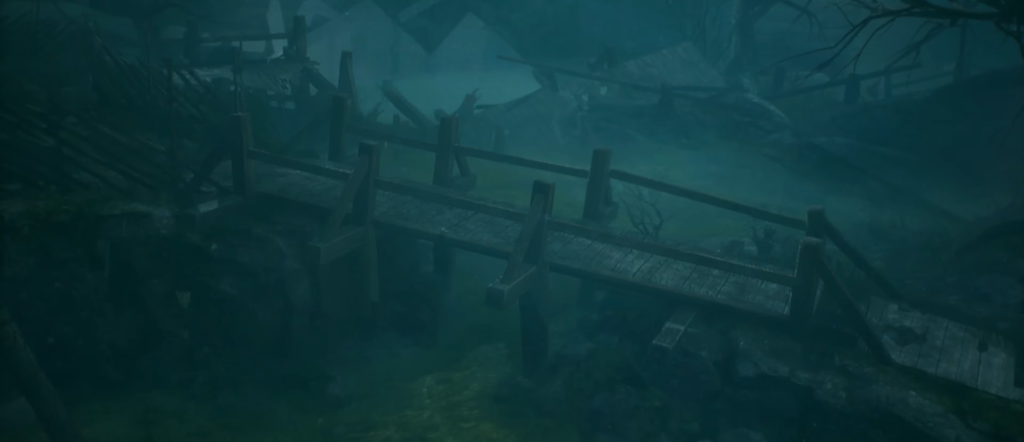 Wooden bridge crossing foggy swamp at night