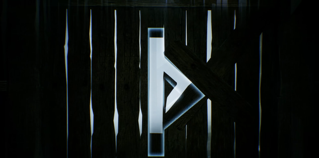 White geometric logo on dark wooden background