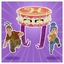 Purple game characters standing beside pink cake on table